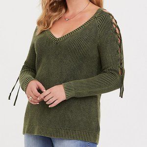 Torrid OLIVE LACE-UP COLD SHOULDER KNIT PULLOVER